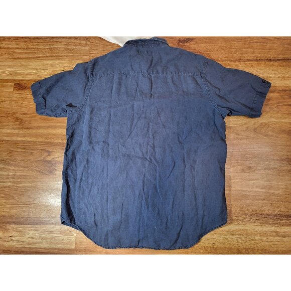 Perry Ellis Men’s Large 100% Linen Button Up Shirt Short Sleeve Navy Blue - Picture 6 of 6